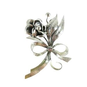 Large 4" Sterling Silver Flower Spray Brooch Ribbon Bow Handwrought Repair